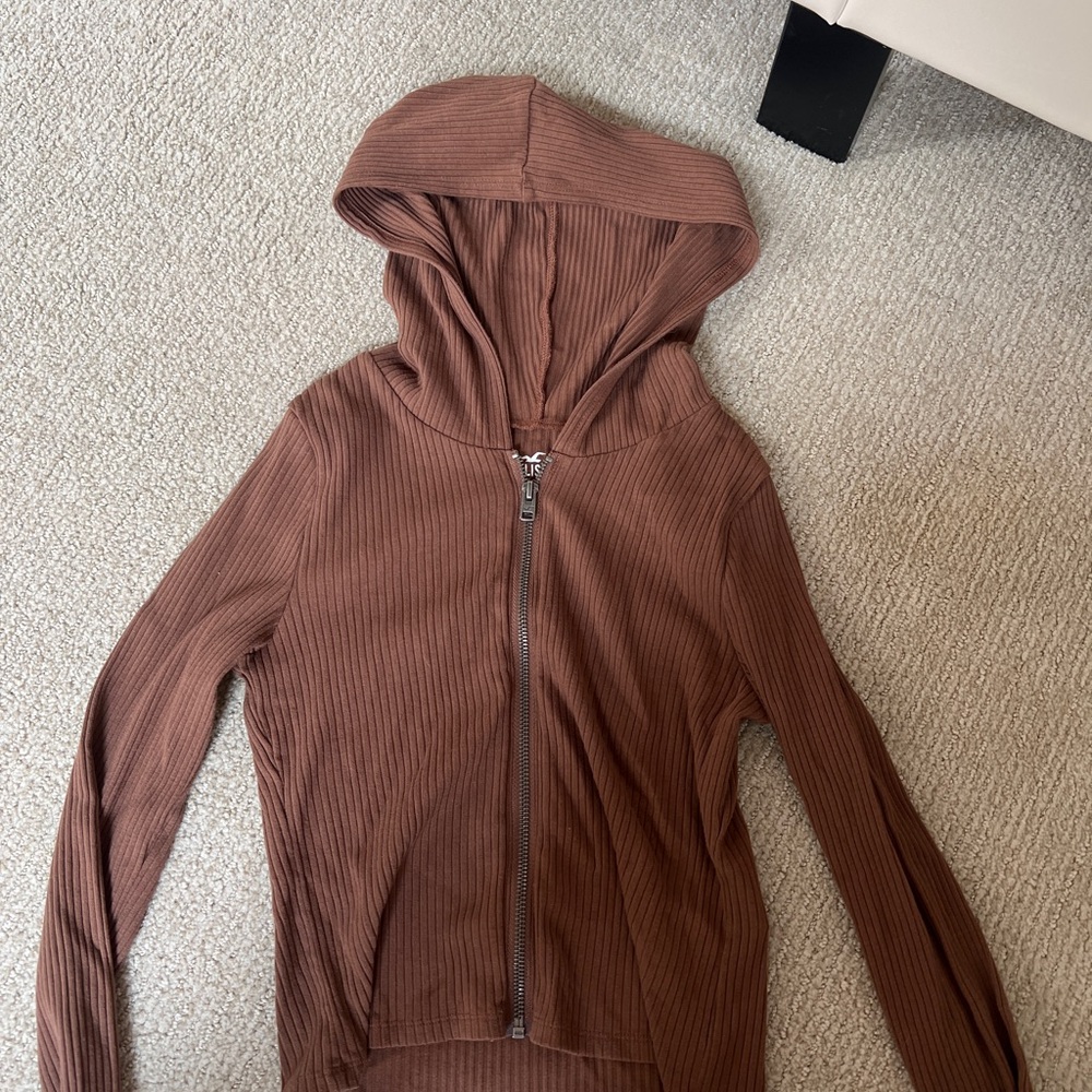 Brown Ribbed Zip-Up Hoodie
